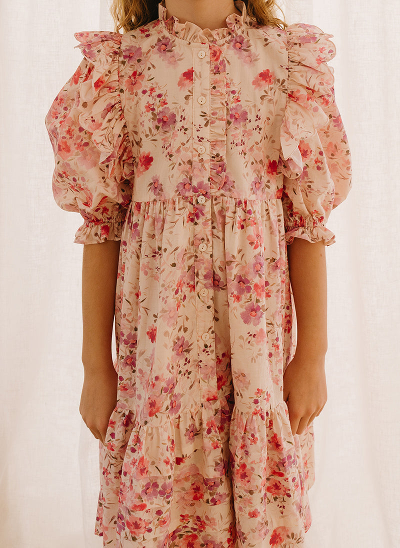 Petite Amalie Elbow Sleeve Scallop Posie Print Voile Dress