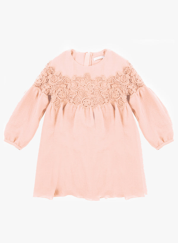 Chloe Girls Couture Crepe Dress with Guipure Embroidery Details in Pink