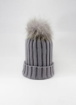 Hello Alyss Rib Wool Hat in Dusty Grey w/ Raccoon Fur Pom