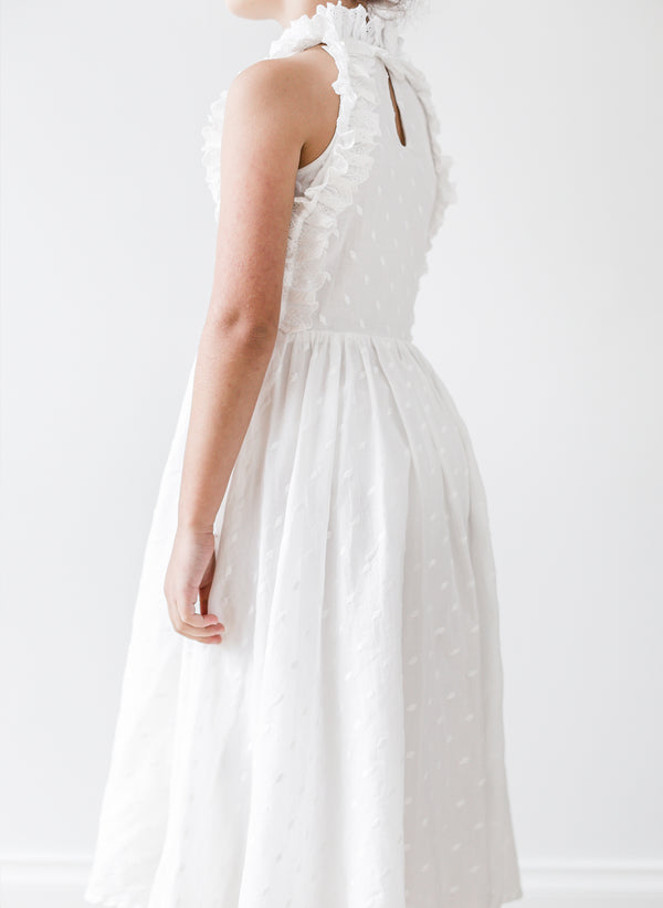 Petite Amalie Embroidered Dot Midi Dress in White