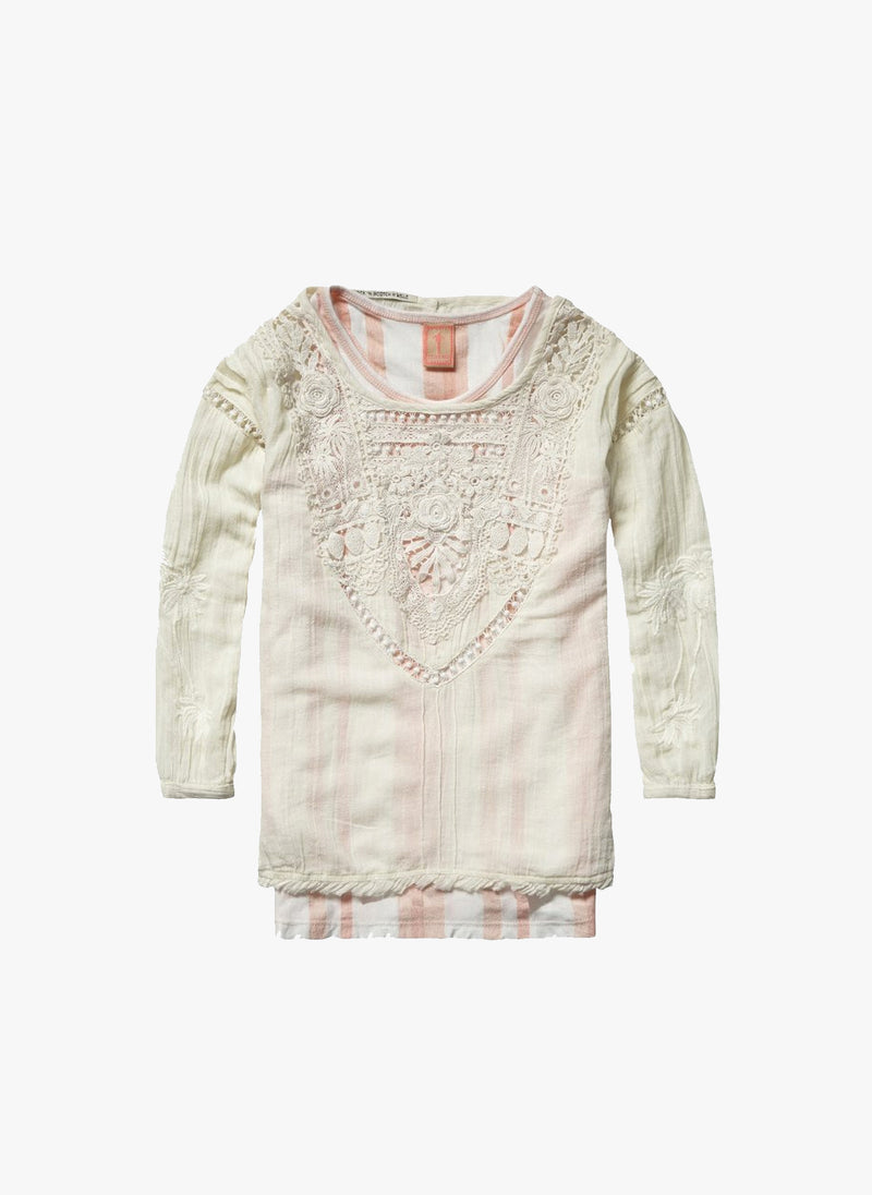 Scotch R'Belle Girls 2-IN1 Style- Woven Top with Lace Detail in Pink Stripe