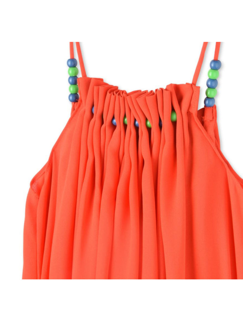 Stella McCartney Kids Hope Girls Flowy Crepe Dress w/ Beads at neck in Red/Orange