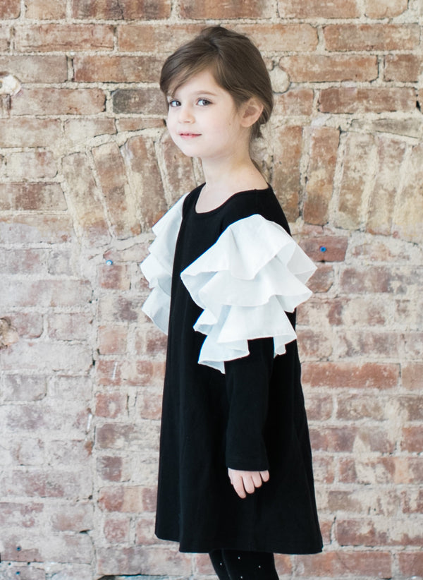 Vierra Rose Audrey Contrast Ruffle Sleeve Dress in Black/Ivory Ruffle
