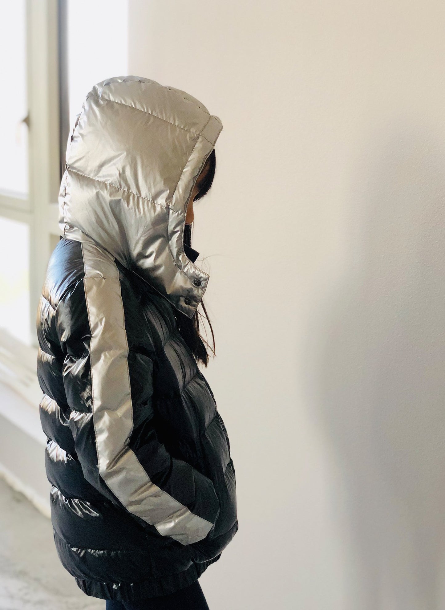 Vierra Rose Drew Contrast Sleeve Puffer in Black/Silver *Hello Alyss Exclusives*