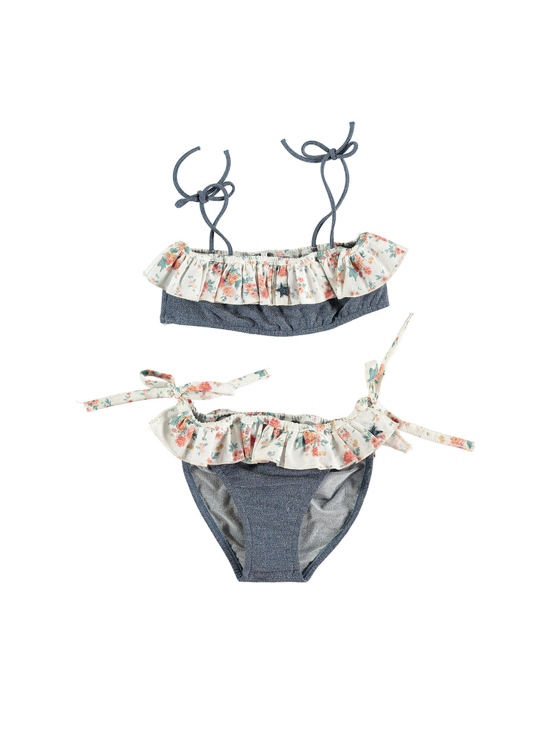 tocoto vintage Denim Bikini Set with Flower Flounces in Blue