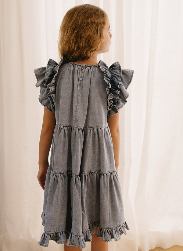 Petite Amalie Chambray Ruffle Shoulder Dress