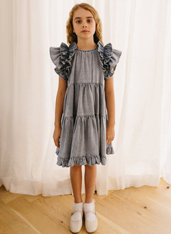 Petite Amalie Chambray Ruffle Shoulder Dress