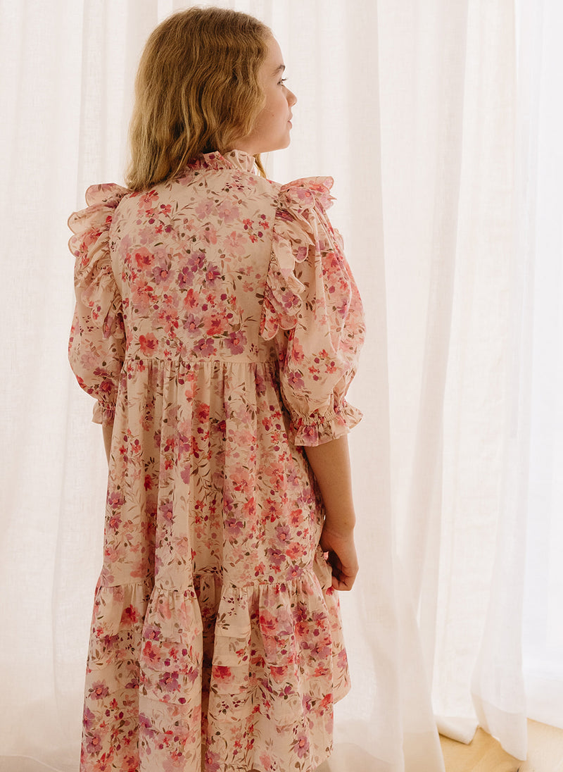 Petite Amalie Elbow Sleeve Scallop Posie Print Voile Dress