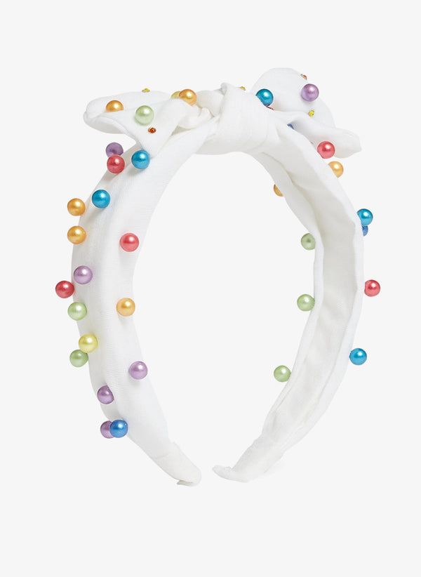 Bari Lynn Pearl Tie Knot Headband in White With Rainbow Pearls