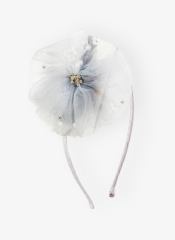 Bari Lynn Tulle Flower With Pearls Headband in Silver
