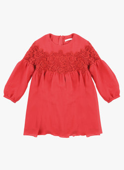 Chloe Girls Couture Crepe Dress with Guipure Embroidery Details in Red