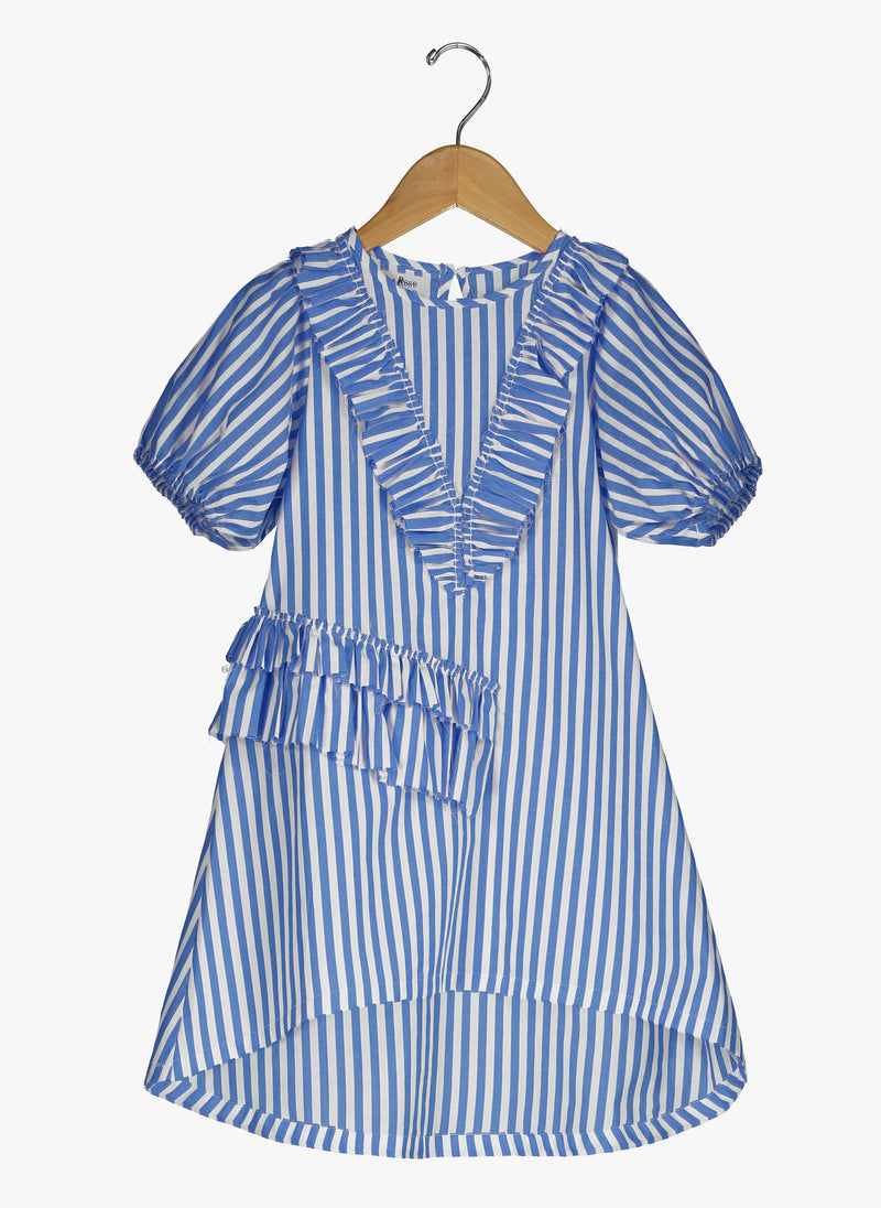 Vierra Rose Abella Ruffle Neckline Dress in Blue and White Stripes