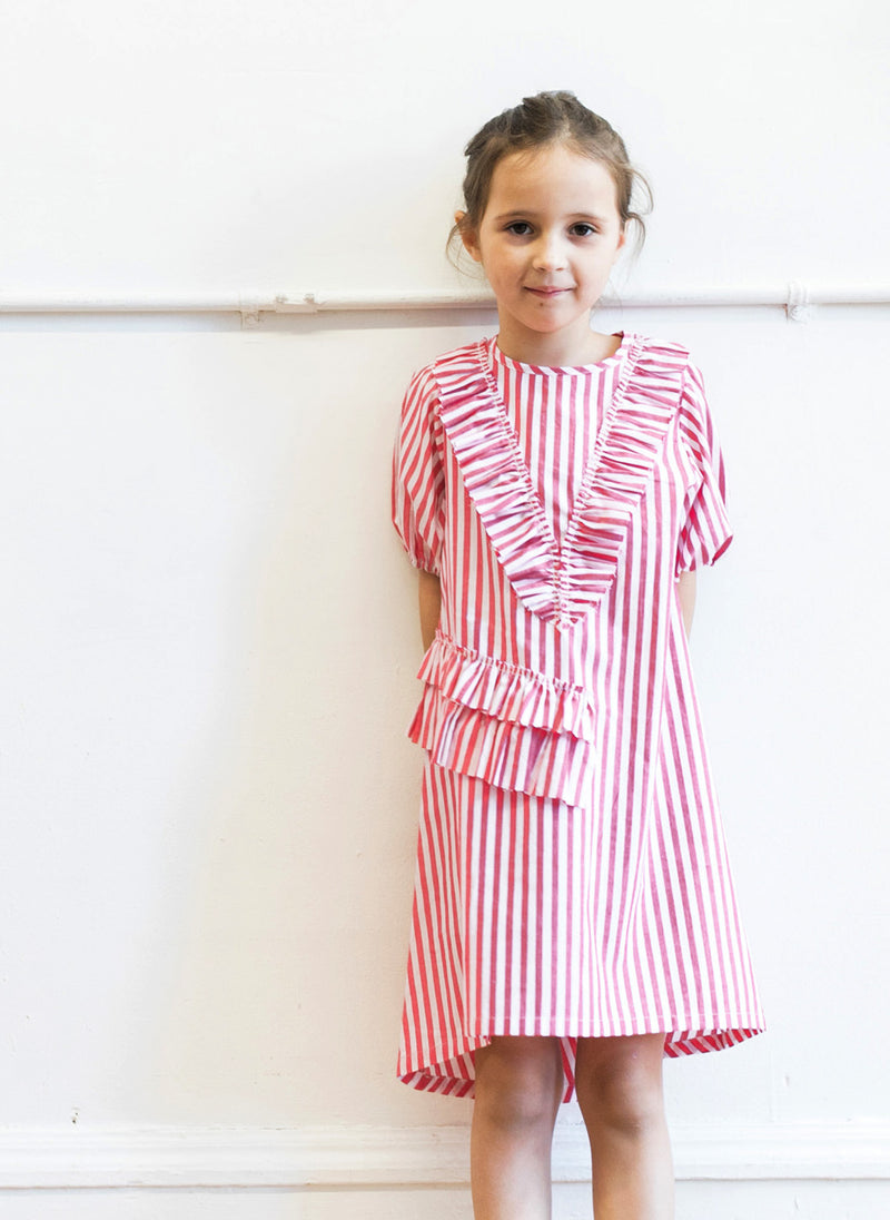 Vierra Rose Abella Ruffle Neckline Dress in Multi Stripes