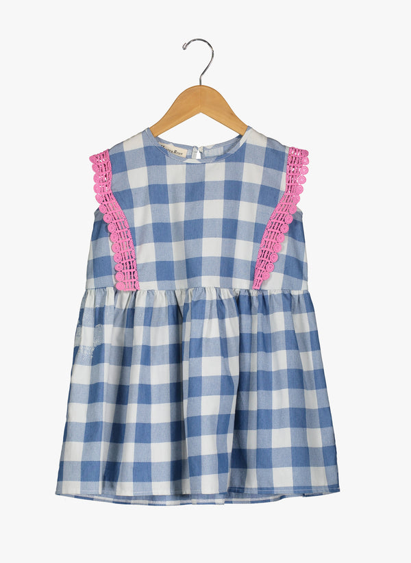 Vierra Rose Lilou Trimmed Sleeveless Dress in Blue Check