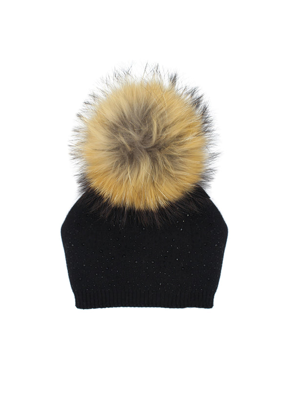 Hello Alyss Knit Contrast Trim Raccoon Fur Hat in Black