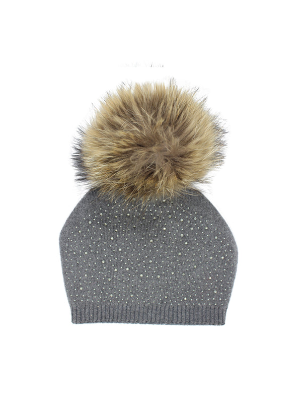 Hello Alyss Knit Contrast Trim Raccoon Fur Hat in Grey