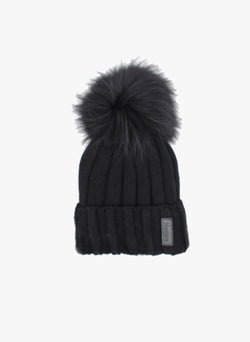 Hello Alyss Rib Wool Hat in Black w/  Raccoon Fur Pom