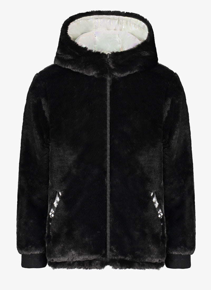Vierra Rose Jusuf Reversible Jacket in Black Faux Fur/Pearl Iridescent