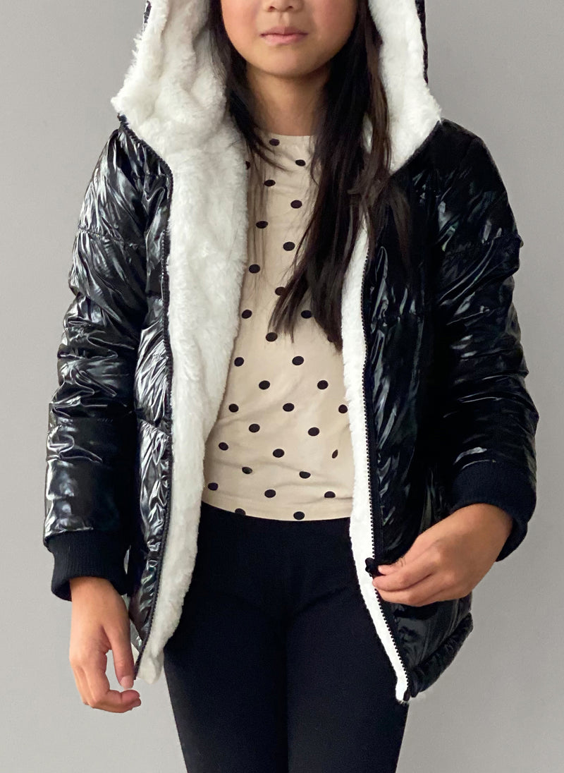 Vierra Rose Jusuf Reversible Jacket in White Fur/ Shiny Black