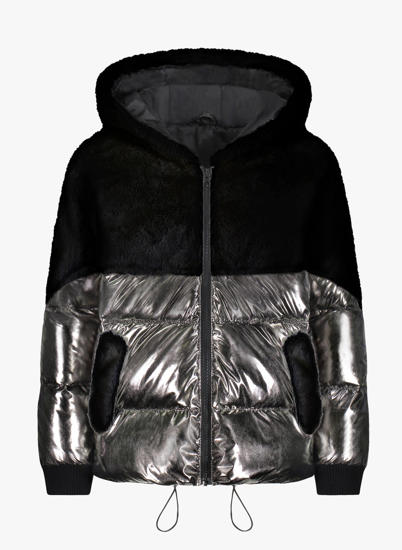 Vierra Rose Boa Faux Fur Top Jacket in Metallic Grey