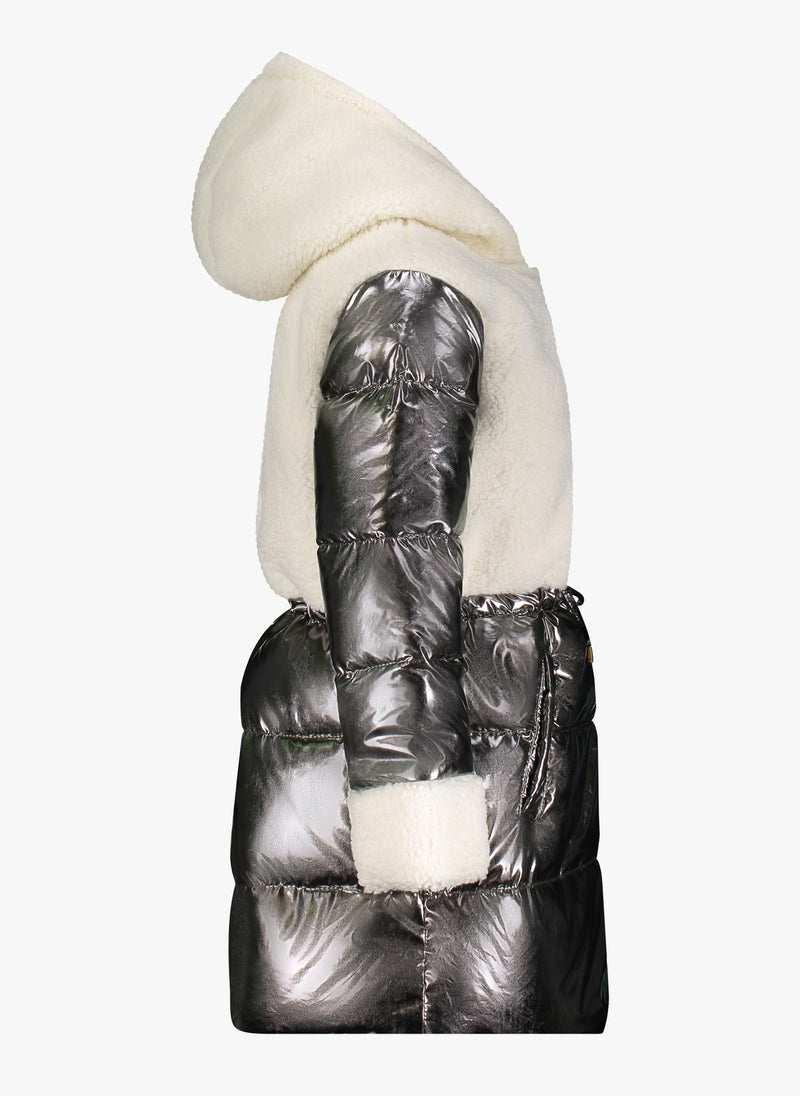 Vierra Rose Toda Faux Shearling Combo Coat in Metallic Dark Grey/White