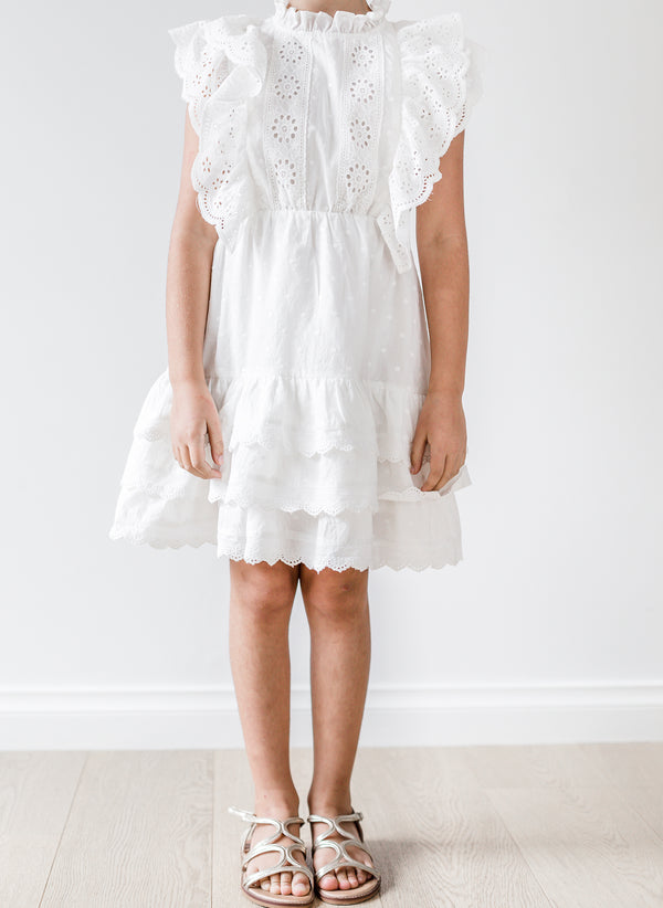 Petite Amalie Embroidered Ruffle Dress in White