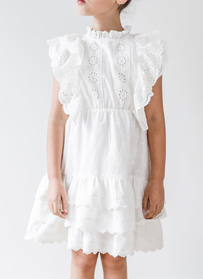 Petite Amalie Embroidered Ruffle Dress in White