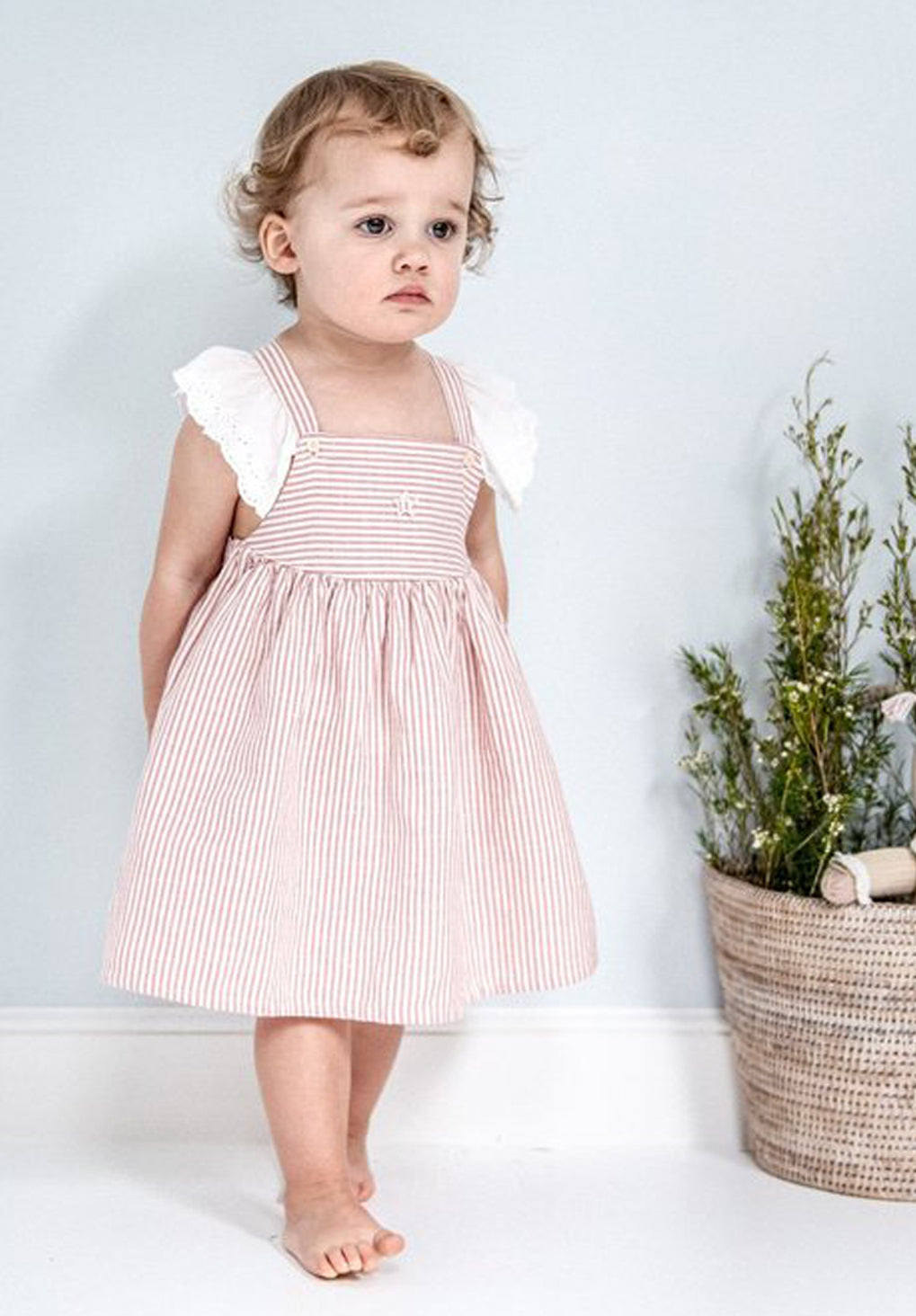 Tocoto Vintage Baby Striped Dress with Embroidery in Pink 9M / Pink