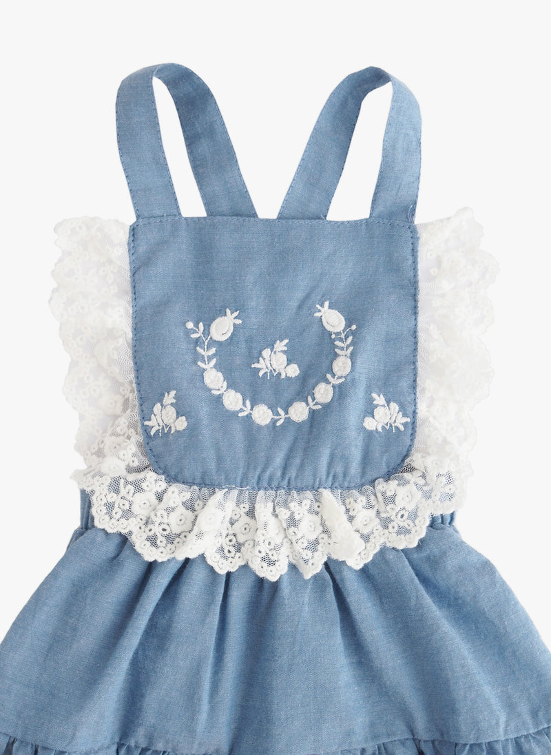 Tocoto Vintage Girls Chambray Embroidery Dress