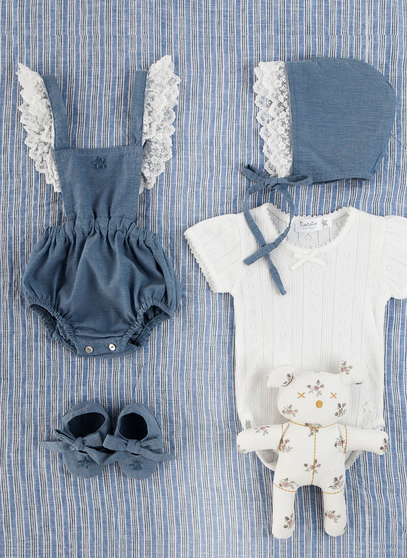 Tocoto Vintage Baby Romper with Lace Details in Blue