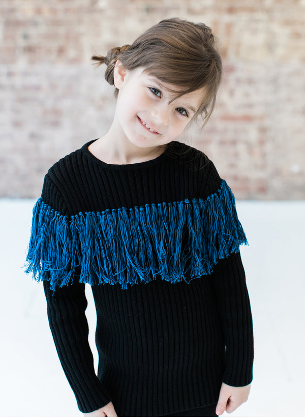 Vierra Rose Anita Bi-Color Fringe Sweater in Blue Fringe