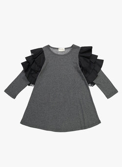 Vierra Rose Audrey Contrast Ruffle Sleeve Dress in Grey/Black Ruffle