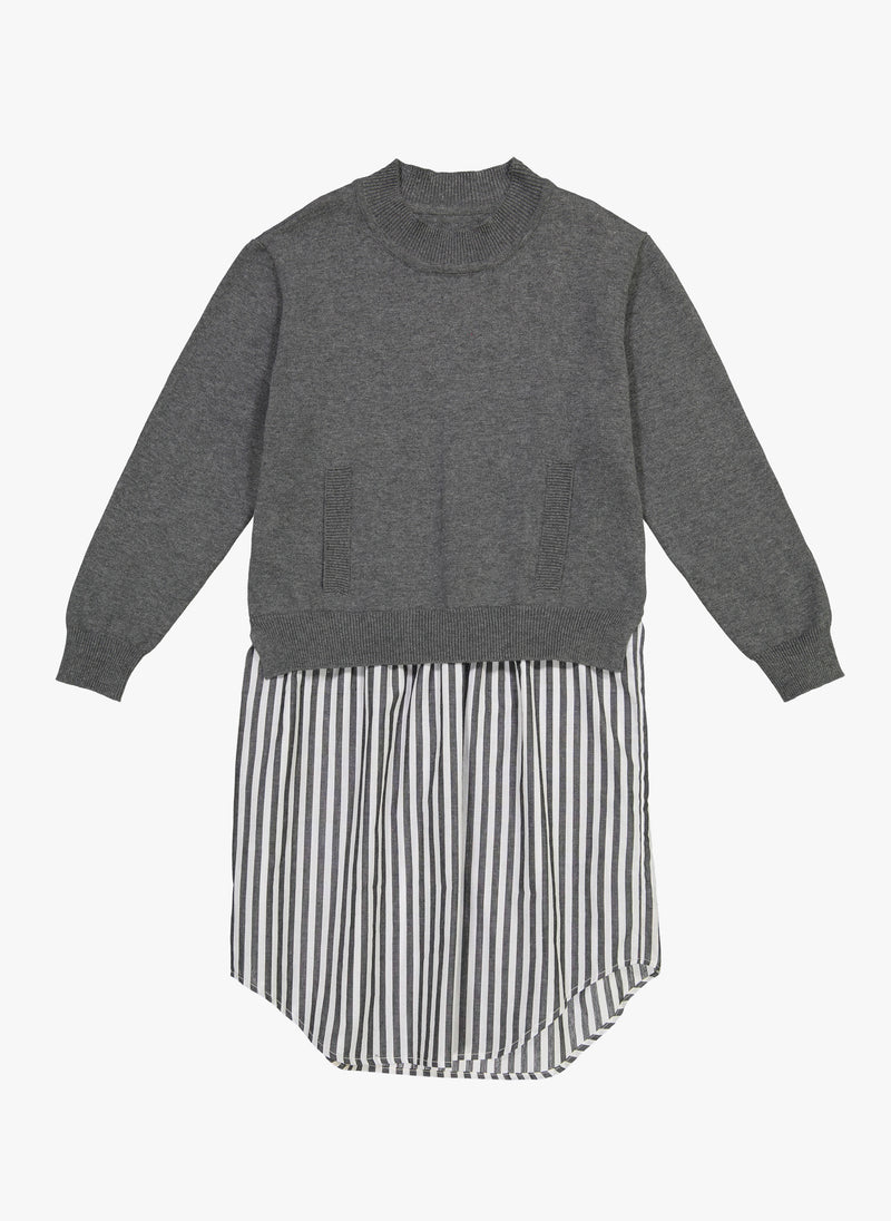 Vierra Rose Brigitte Sweater Woven Shirt Dress in Grey/ Stripe