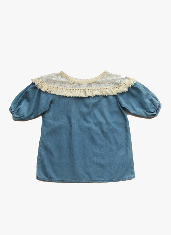 Vierra Rose Holly Lace Yoke Top in Chambray