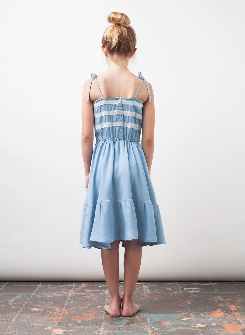 tocoto vintage Chambray and Lace Midi Girls Dress in Blue