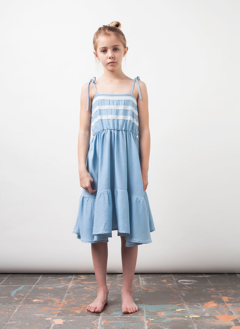 tocoto vintage Chambray and Lace Midi Girls Dress in Blue
